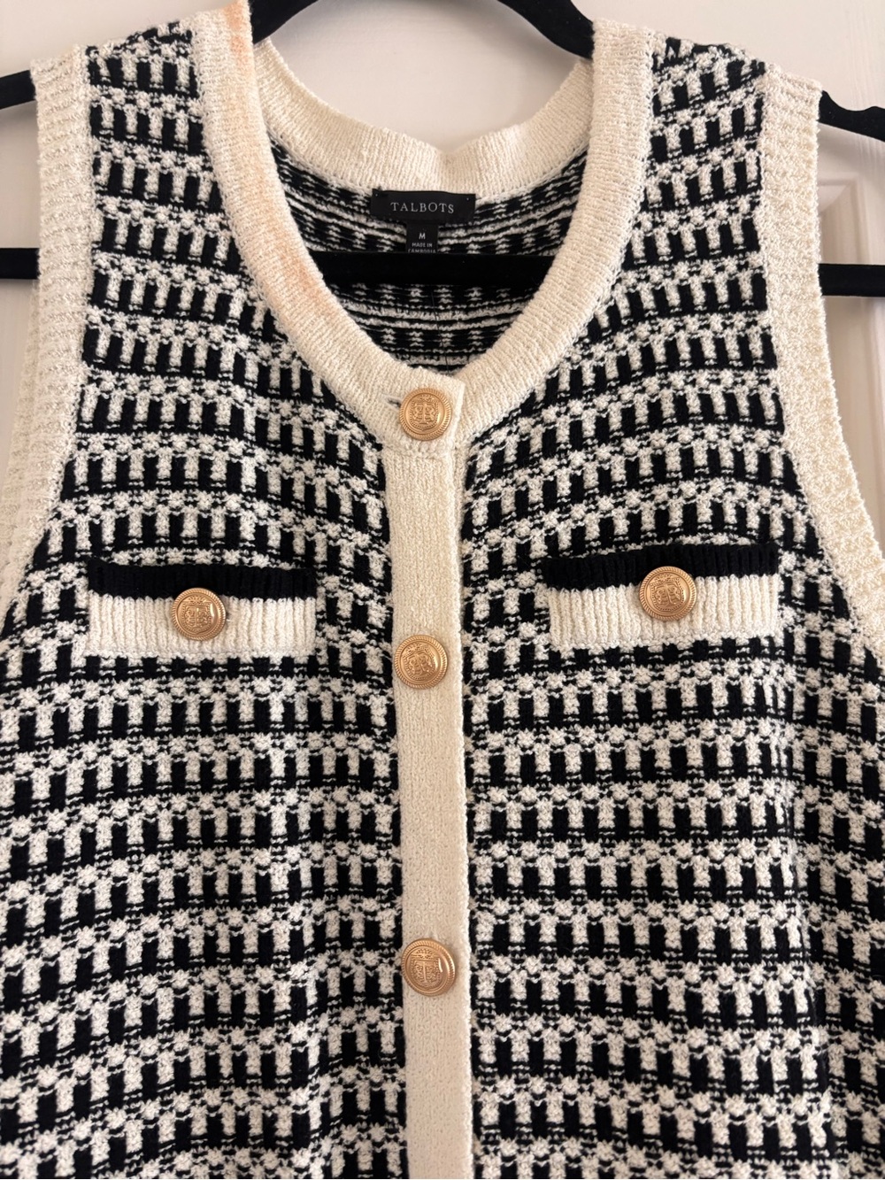 Classic Talbots Black and Cream Tweed-Style Sleeveless Dress with Gold Buttons